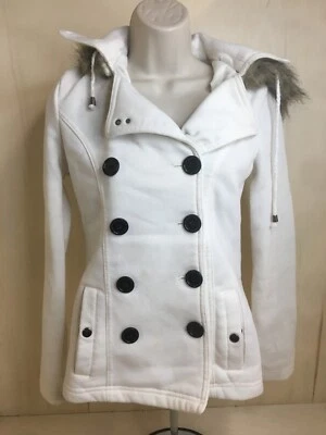 Chaqueta Bongo Niñas Talla Mediana Blanco Crema con Capucha Forrada de Piel, Botones Negros Foto 1 de 4