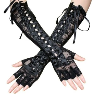 Women's Gothic Gloves Fingerless Long Lace-up Halloween Steampunk Punk Lace - Picture 1 of 9