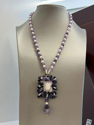 COLLANA CON CAMMEO NATURALE  PERLE COLTIVATE E AMETISTA LAVORAZIONE ARTIGIANALE - Immagine 1 di 4