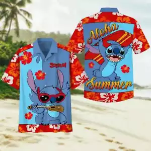 Funny Stitch Surfing Aloha Summer Vacation Lilo & Stitch Hawaiian Shirt - Picture 1 of 2