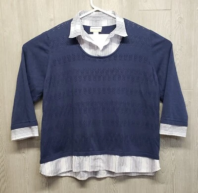 Свитер женский Alfred Dunner 3X пуловер дурак синий белый в полоску с v-образным вырезом 3/4 - Изображение 1 из 4