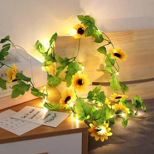 2m Solar Artificial Sunflower Garland Fairy String Lights Green Leaf Vine decor - Picture 1 of 9