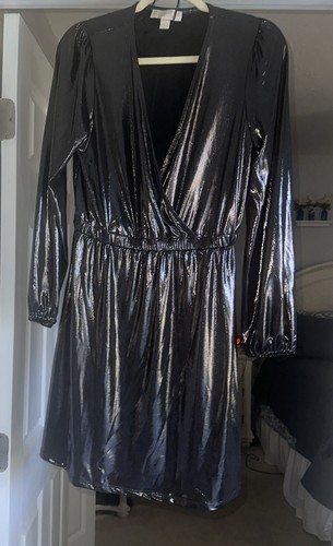 Abito Michael Kors nero argento scintillante nuovo con etichette corpetto scollo a V incrociato taglia M