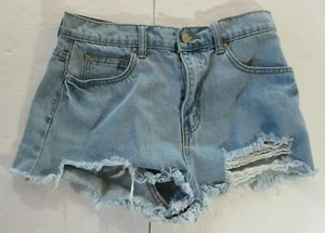 Forever 21 Light Blue Destroyed Blue Jean Cut off Booty Shorts Fringe Size 27 - Picture 1 of 5