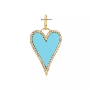 925 Sterling Silver Diamond Heart Turquoise Gemstone Designer Charm Gift Pendant - Picture 1 of 2