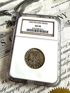 High Grade Poland 1545 Silver 1 Grosz NGC AU50 - Picture 1 of 4