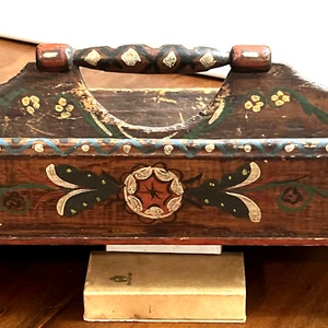 American Folk Art Painted Handled Box Vibrant Pennsylvania Dutch Style 30's-40's - Picture 1 of 19