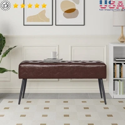 Modern Faux Leather Upholstered Bench W/ Tapered Metal Legs Entryway Couch New - Image 1 of 4