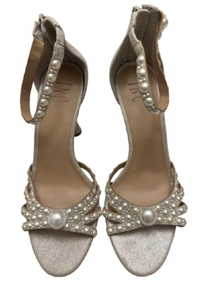 INC Riolana Sandals 9 M Beige Faux Pearl Shiny Zip High Heel Shoes Ankle Strap - Image 1 of 4