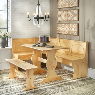 Pine Wood Nook Dining Set 3 Piece Country Farmhouse Kitchen Table Bench Corner - Image 1 of 4