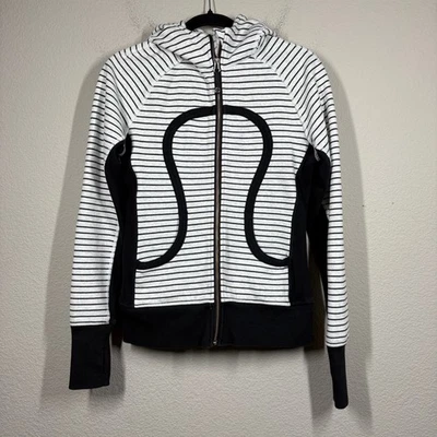 Lululemon Size 6 Scuba Hoodie Parallel Stripe Heathered White Black Full Zip - Image 1 of 4