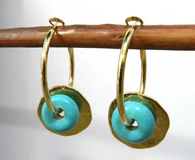 Designer Yellow Gold 24K Plated Hoop Earrings Turquoise Stone & Flat Gold Disc  - Изображение 1 из 4