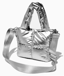 Silver Puffer Bag Crossbody Quilted Padding Small Tote Crossbody Claire's NWT - Picture 1 of 2