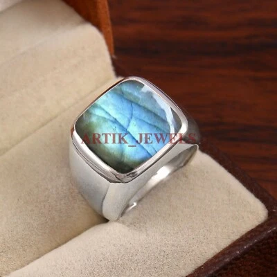 Anello In Argento Sterling 925 Con Gemma Di Labradorite Naturale Per Uomo #4835 - Immagine 1 di 4