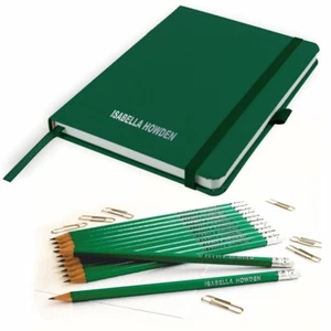 Personalised Notebook and 12 matching Pencils -Printed with Name - BOTTLE GREEN - Picture 1 of 8