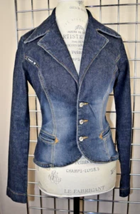 Jean Jacket VTG 00s Frankie B Classic Blue Denim Fitted Blazer Made USA Sz S/M - Picture 1 of 17