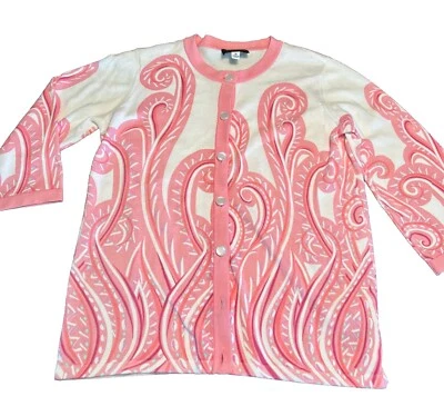 Suéter Bob Mackie para mujer XS DE COLECCIÓN, cárdigan rosa/blanco cachemir manga 3/4, algodón Foto 1 de 4