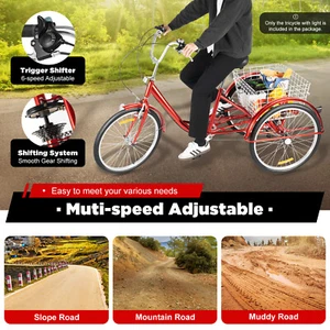 24" Dreirad 3 Rad 6 Gänge Erwachsenendreirad Fahrräder Trike für Erwachsene Rot - Bild 1 von 16