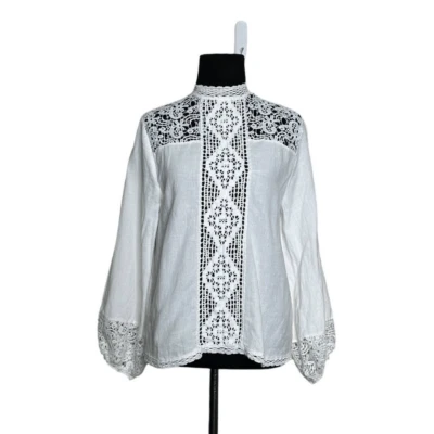 Zara Broderie Blouse Lace cotton linen blend White Long Sleeve size XS - Photo 1/4