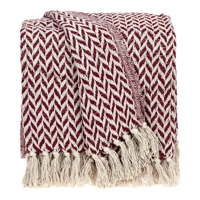 Burgundy Handloom Herringbone Weave with Tassels - Image 1 of 4