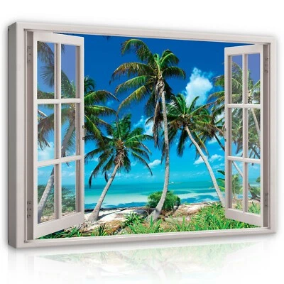 FENSTERBLICK STRAND MEER Wandbilder Fenster Leinwand Bilder Canvas Wohnzimmer 28 - Bild 1 von 4