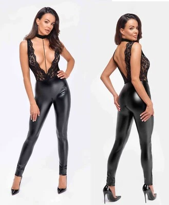 NOIR HANDMADE LIBIDO WETLOOK SPITZE CATSUIT CROTCH REIßVERSCHLUSS CHOKER schwarz - Bild 1 von 4