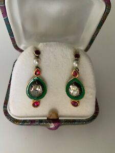 Antike Ohrringe Gold mit Altschliffbrillanten, Rubine & Perlen