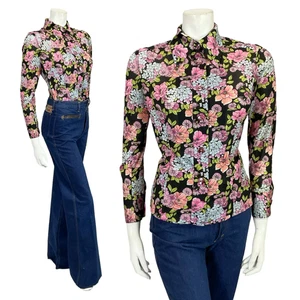 VTG 60S 70S BLACK PURPLE PINK BLUE MOD FLORAL LEAFY DAGGER COLLAR SHIRT 10 12 - Picture 1 of 9