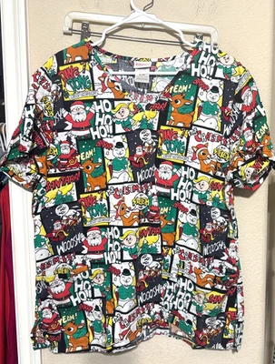 Women's Rudolph Scrub Top XL Cartoon Christmas Hermey the dentist Santa Frosty - Image 1 of 4
