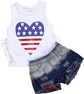 2Pcs/Set Toddler Baby Girls 4th of July Outfits Set Sleeveless Tassels Vest T... - Picture 1 of 8