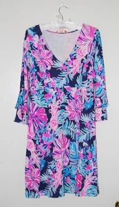 EUC Lilly Pulitzer Damen dunkelblau Blumendruck Glockenärmel Kleid Gr. M - Bild 1 von 11