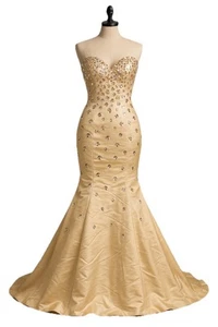 Riva Designs Y2K Prom Dress 00 Champagne Gold Beaded Mermaid Gown Corset Back - Picture 1 of 21
