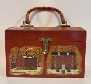 Vtg Wood Decoupage Purse Lucite Handle Decorated with Horse & Buggy & Buildings - Picture 1 of 15