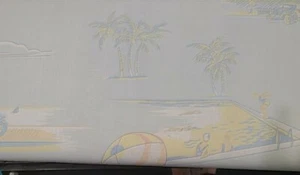 Vintage 7 Yds Pastel 1920's Miami Beach life Linen Blend Fabric 75238 - Picture 1 of 3