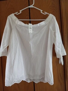 LOFT Blouse Size S White Scalloped 3/4 Sleeve Eyelet Off Shoulder Top NEW - Picture 1 of 3