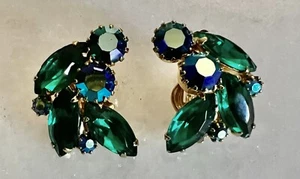 Orecchini Vintage Weiss, Austria Clip Strass - Verde Iridescente - Ottimi - Foto 1 di 7