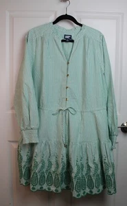 NWOT Lands' End Long Sleeve Eyelet Mini Popover Dress Woven Green White Size 1X - Picture 1 of 7