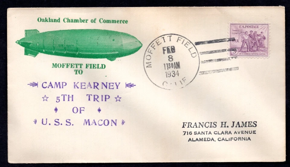 US 1943 ZEPPELIN 5TH TRIP OF U.S.S. MACON OAKLAND MOFFETT FIELD CALIFORNIA - Image 1 of 2