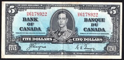 Canada 1937 $5 Five Dollar Banknote Coyne - Towers H/S 6178922 Bright Coloured - Image 1 of 2
