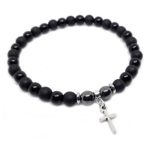 Bracciale con CROCE Argento Pietre Naturali dure Ematite Perle Nero Uomo e Donna - Foto 1 di 1