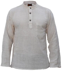 Camisa beige de abuelo bohemio natural sin cuello cáñamo algodón manga larga - Imagen 1 de 5