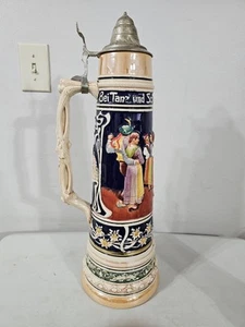 Large German Gerz 4 Liter Ceramic Beer Stein Tavern Scene 22" with Pewter Lid - Picture 1 of 7