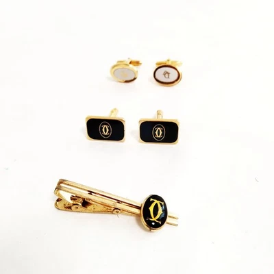 NO TARIFF Dior Cartier Cuff Links Tie Pin 3 set Gold Metal 1024449 - Image 1 of 4