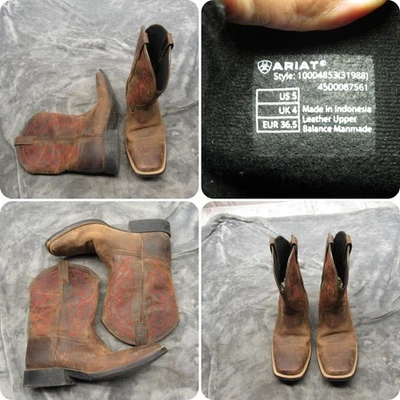 Ariat Mujeres Botas 5 Cuero Marrón Vaquero Occidental Rodeo Punta Cuadrada Rojo Bordado Foto 1 de 4