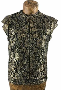 OASIS BLOUSE TOP 10 BLACK GOLD PINK Floral Metallic Cap Sleeves Elastic Hem Midi - Picture 1 of 12