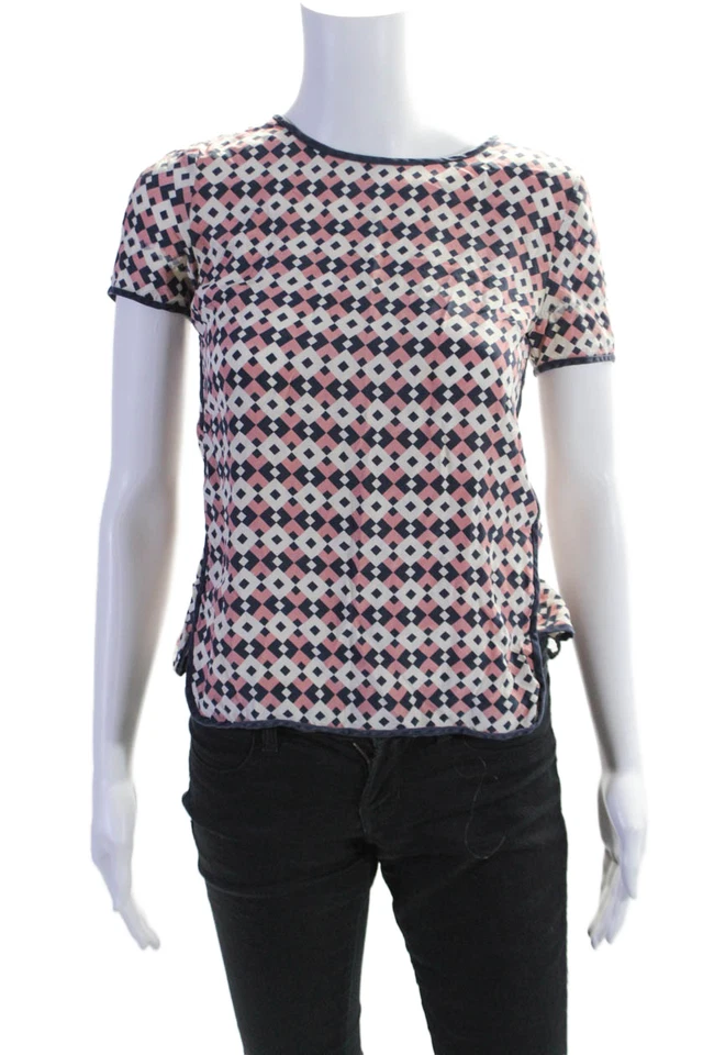Blusa J Crew Mujer Seda Manga Corta Estampado Geométrico Multicolor Talla 00P Foto 1 de 4