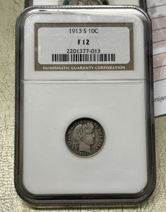 1913-S Barber Silver Dime, NGC F12, Free Shipping, Better Date, (D) - Bild 1 von 4