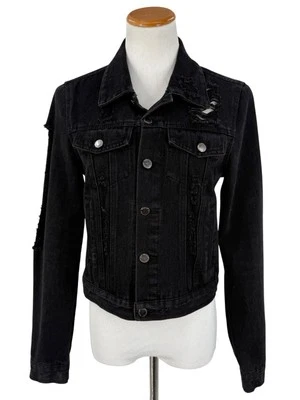 Cisono Black Distressed Button Front Jean Denim Jacket EMO Punk Steampunk Casual Foto 1 de 4