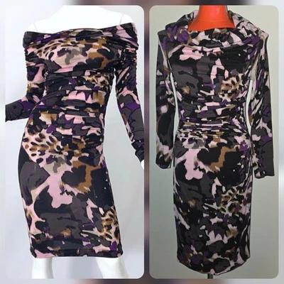 👗ESCADA Abstract Camo Wool Cowl Neck Off Shoulder Ruched Sweater Dress Size 40 - Image 1 of 4