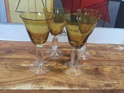 Pier 1 Handblown Glass Gold Water Goblet  -CLEAR STEM Set Of 4--8'' - Image 1 of 4